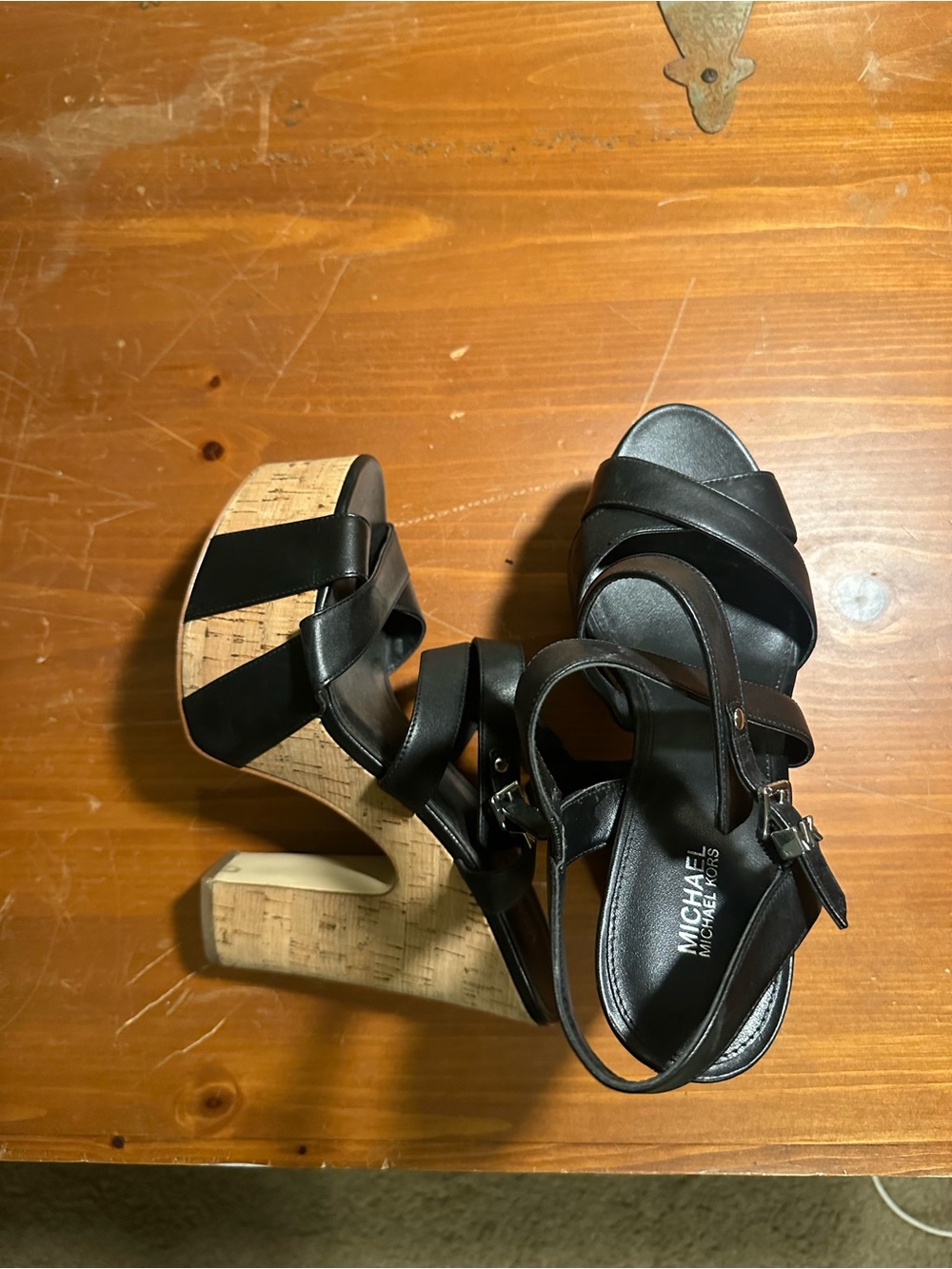 Michael Kors Black Strappy Platform Cork Wedge Sandals
